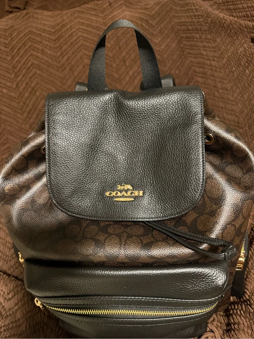 Coach Brown Signature Backpack/Diaper Bag Walnut/Black/Gold with Coach Lanyard
